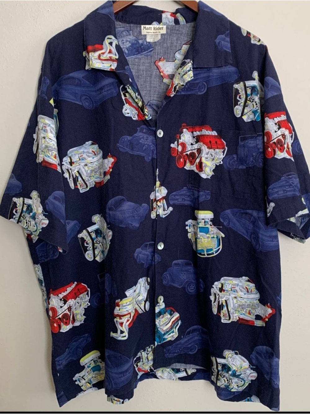 Matt Rider Hawaiian Shirt Mens XL Car Engine Racing Button Up Camp Collar USA